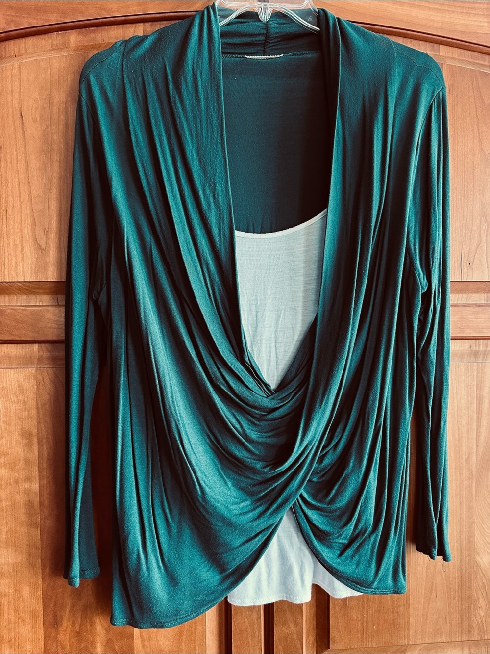 Maitai XL Forest Green Draped Open-Front with Sewn In White Cami Layer Top. EUC.